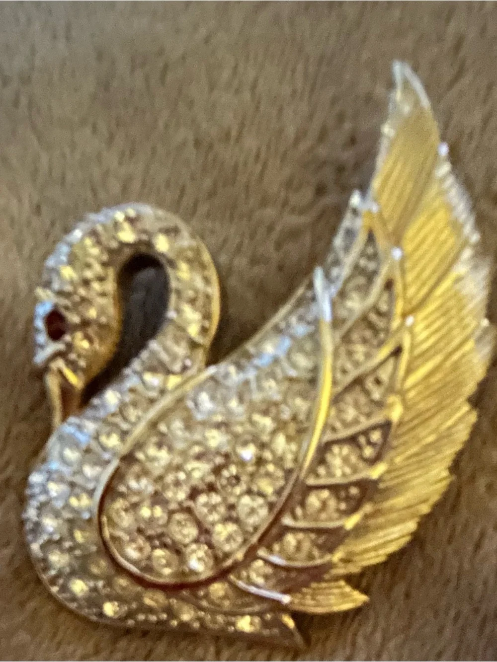 Crystal Swan Brooch Pin - White Crystal Accent